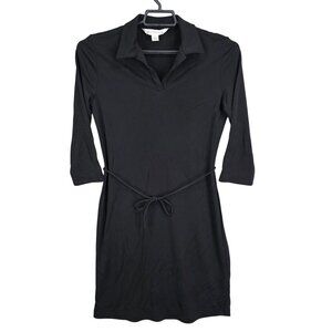 Womens Petite Sophisticate Black Collared Dress 3/4 Sleeve Belted Rayon Blend S